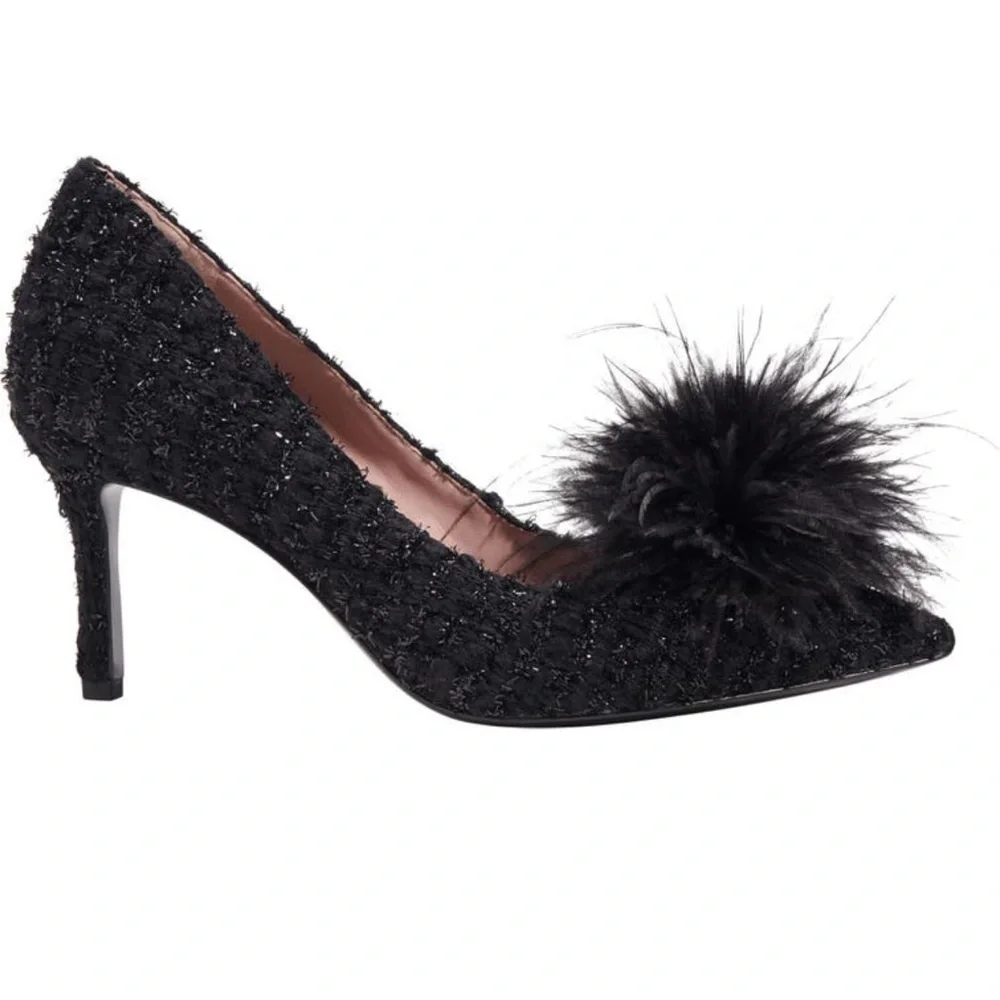 🆕kate spade new york Black Marabou PomPom Glitter Tweed Pointed Toe Stiletto